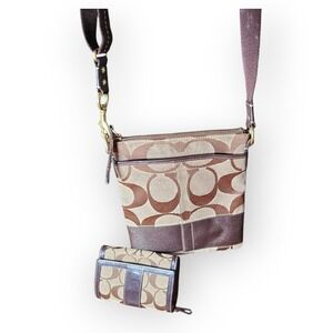 Coach Signature C Crossbody Bag and Matching Wallet Set Brown Tan 40758